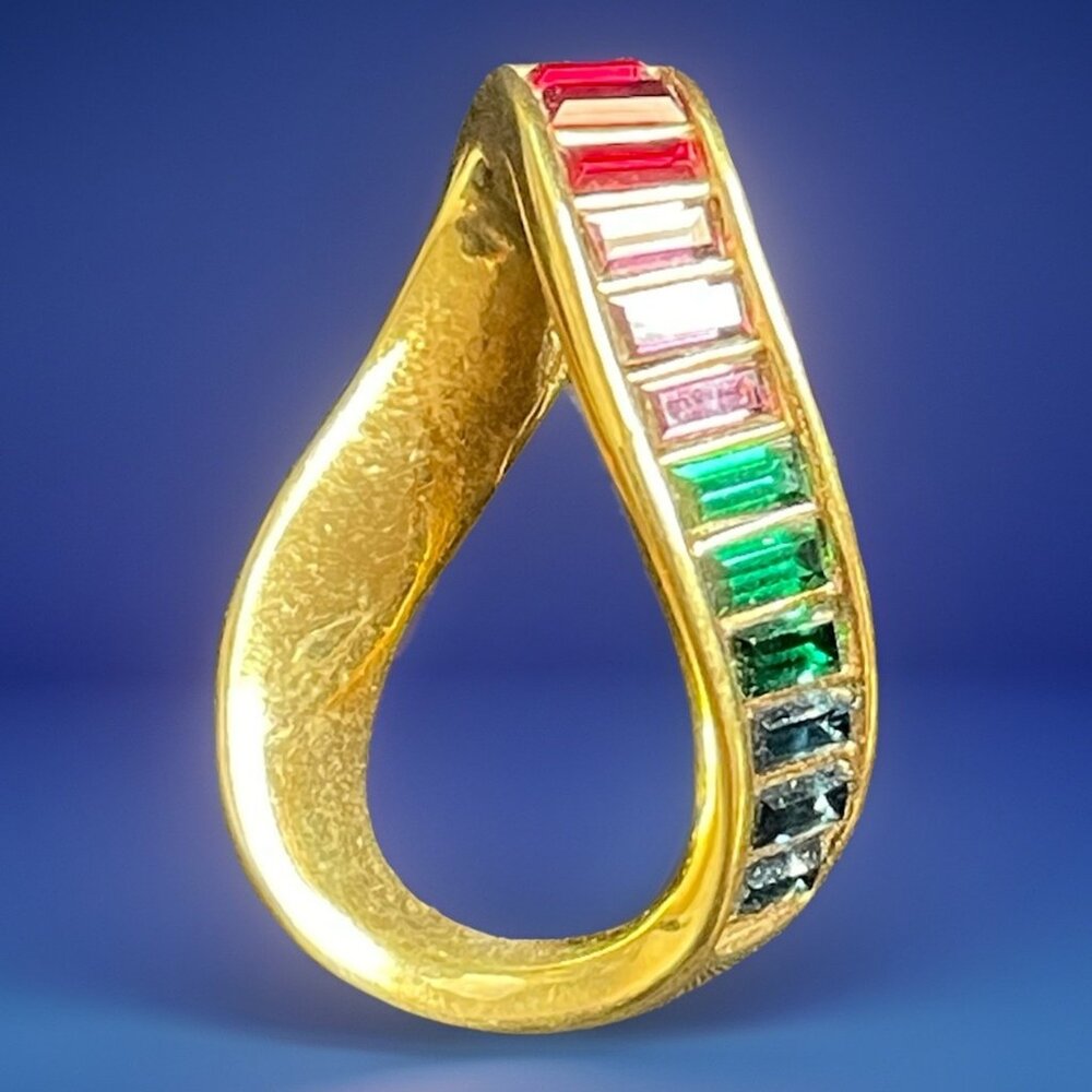 Signed Swan Swarovski Vintage Crystal Baguette Gold-Tone Multi-Color Pendant